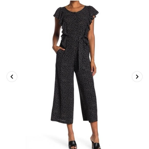 Black and White Polka Dot wide leg jumpsuit Max Studio flutter sleeve belted - Picture 1 of 12